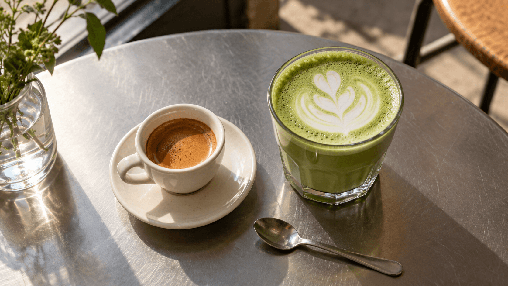 Een espresso en een matcha latte naast elkaar op een lichte cafétafel.