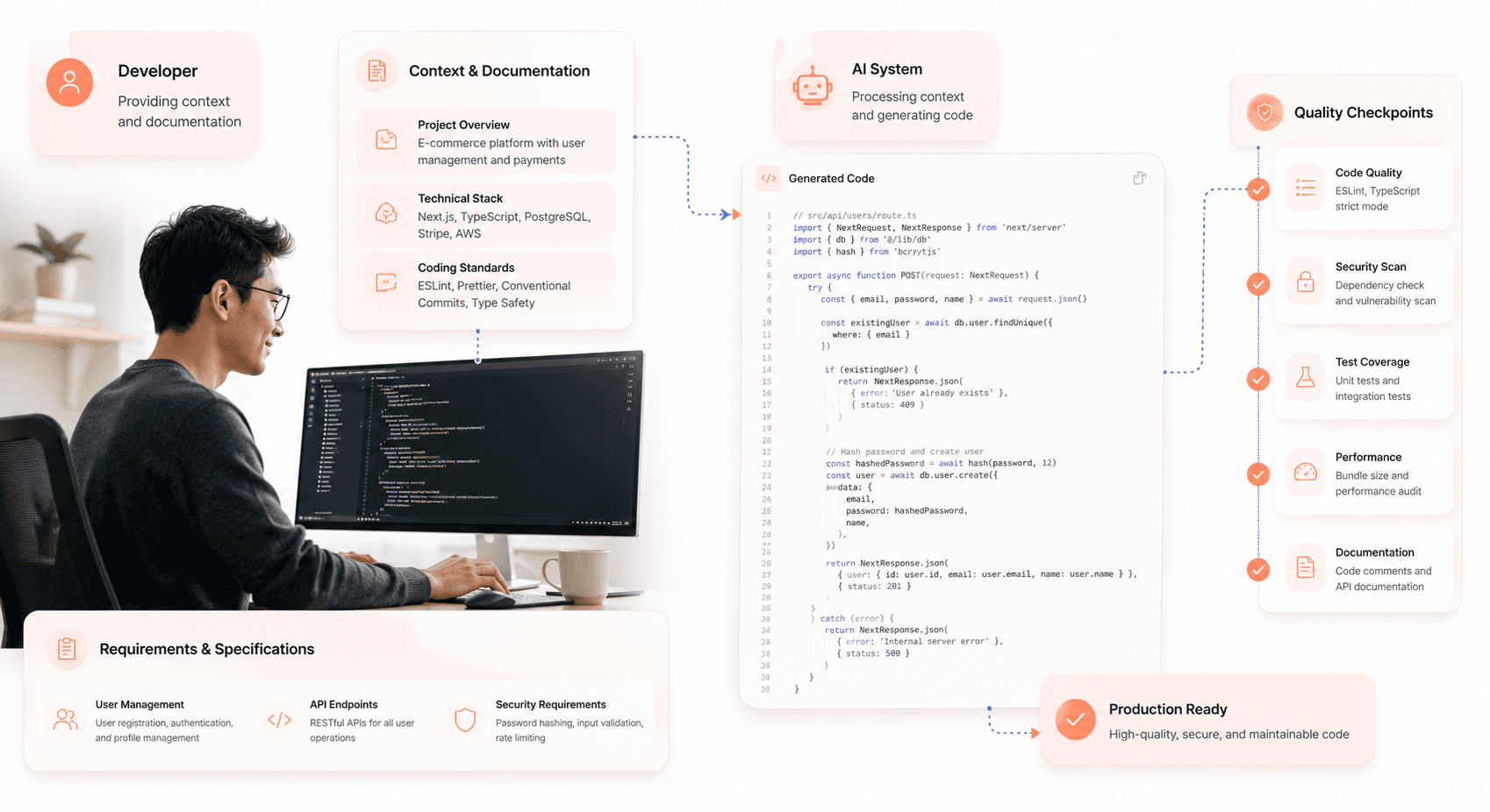 Developer providing context and requirements to AI assistant with automated code generation and quality review process