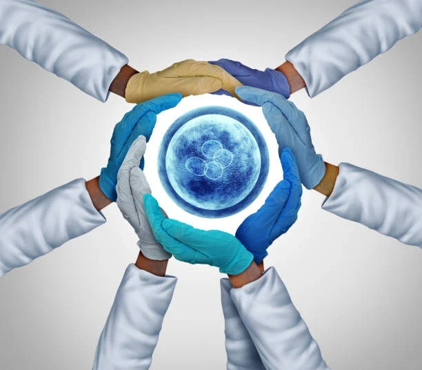 High school students in RISE Research or STEM summer programs explore medical science collaboration, symbolized by gloved hands encircling a glowing cell-like orb.