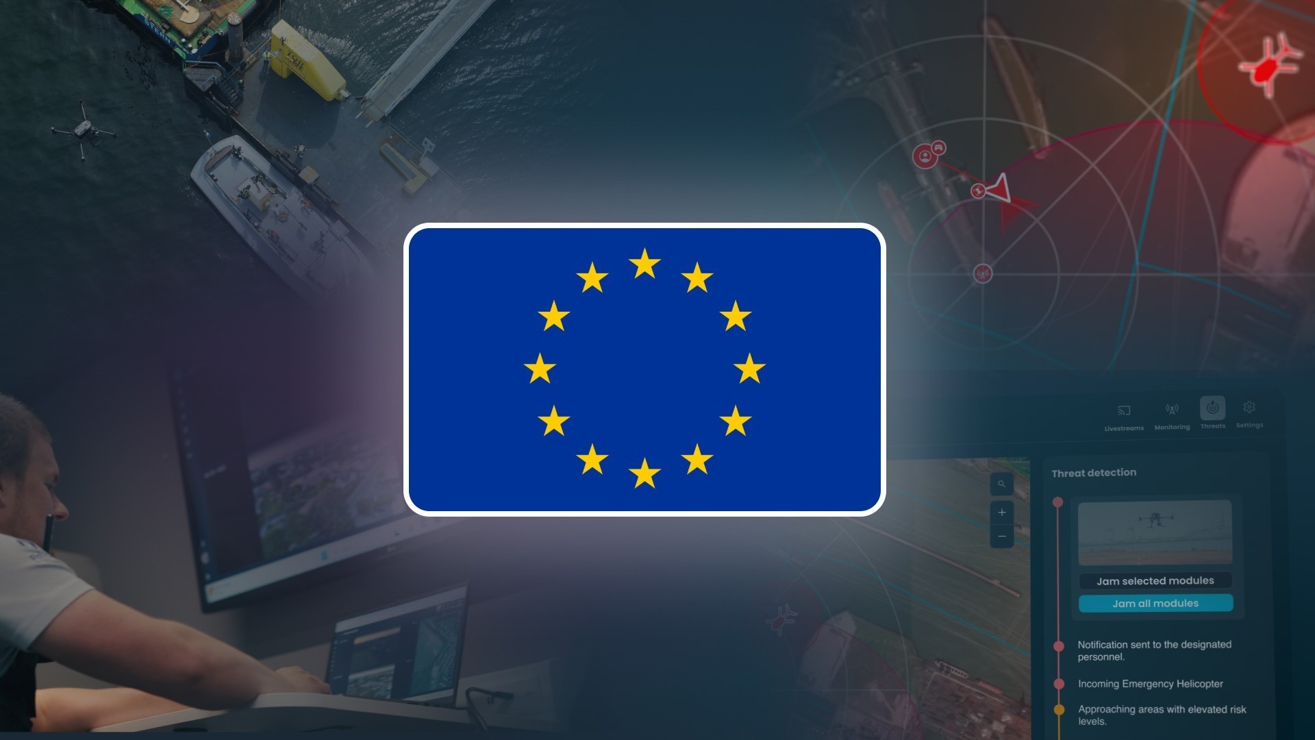 Eine Collage, die den EU-Drohnen-Aktionsplan darstellt, zeigt die Flagge der Europäischen Union, die zwischen Bildern eines über einem Frachtschiff fliegenden Drohne, einer digitalen Bedrohungserkennungsoberfläche, einem Sicherheitsoperator in einem Kommandozentrum und einer Industrieanlage mit Gegen-Drohnen-Sensorüberlagerungen zentriert ist.