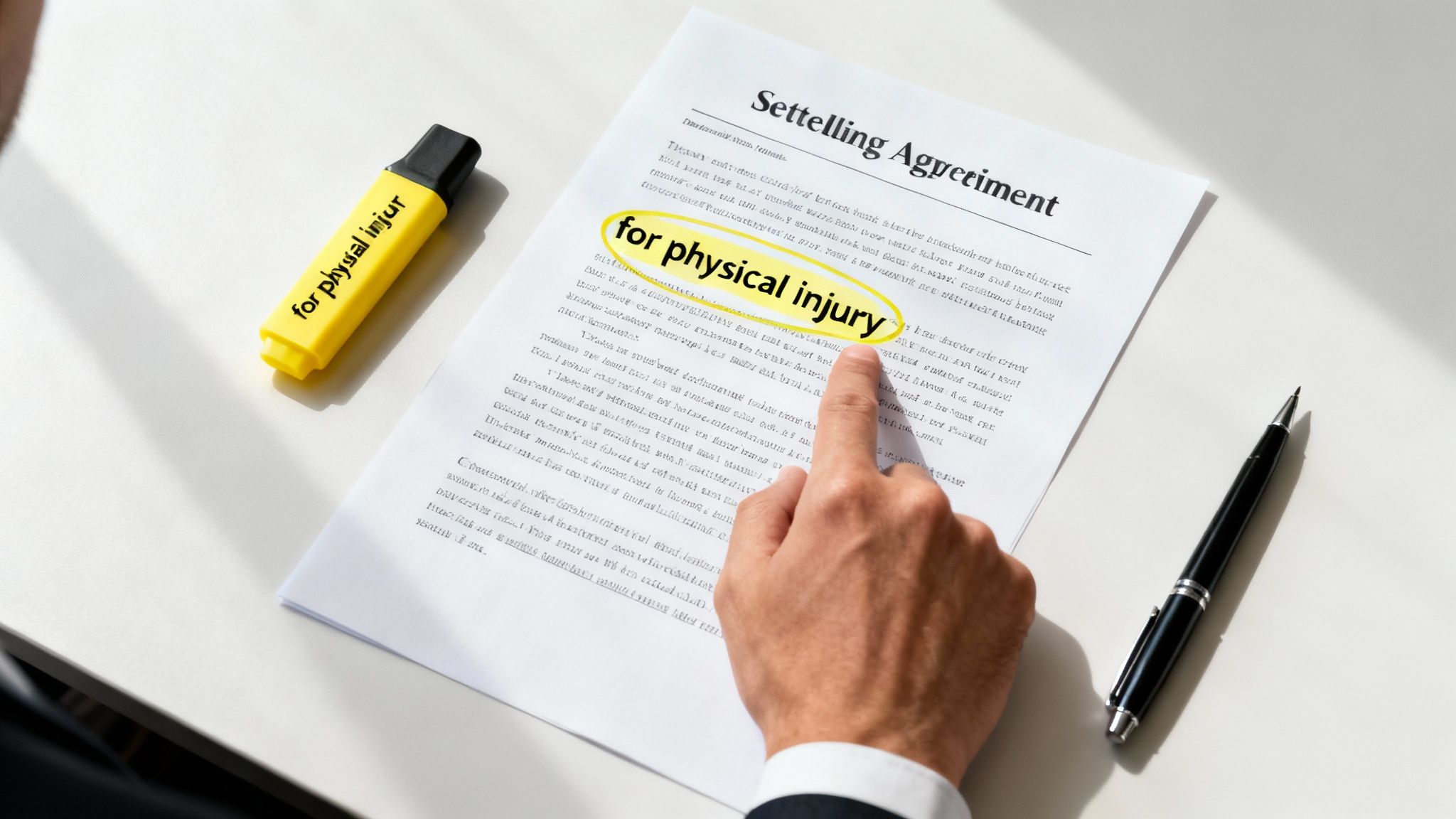 A hand points to 'for physical injury' on a settlement agreement, with a highlighter and pen.