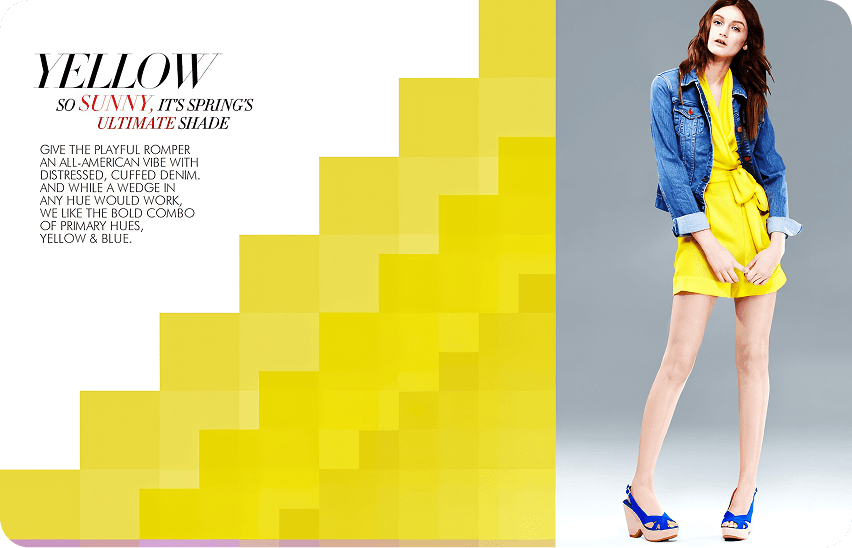 Neiman Marcus spring fashion editorial featuring model in yellow dress with denim jacket and blue heels against geometric background