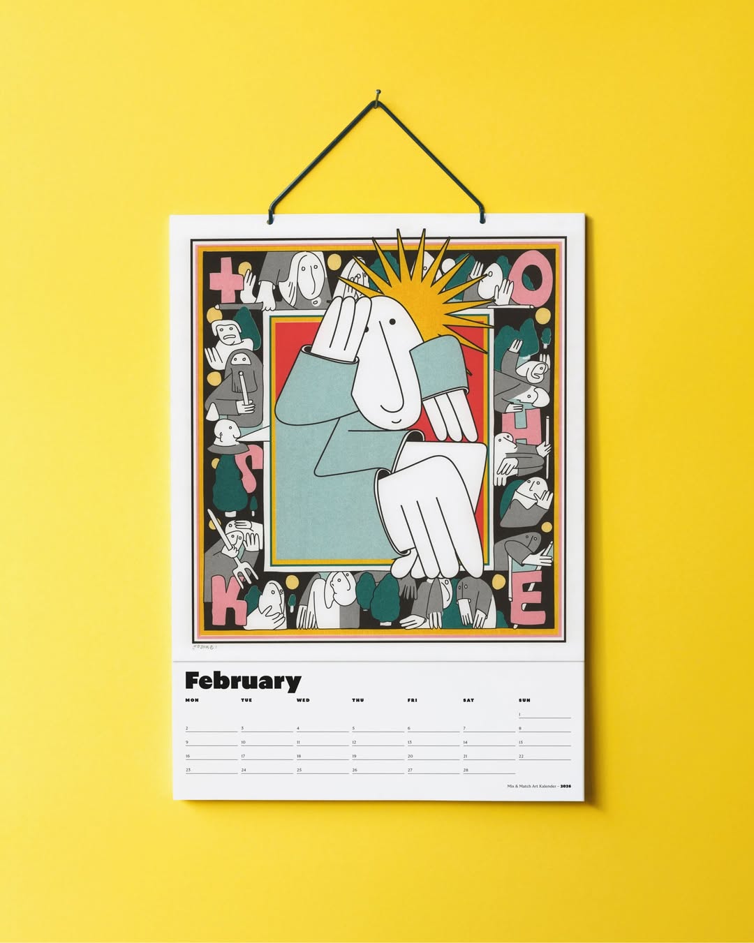A colorful wall calendar depicting various cartoon characters in a playful, artistic style, hanging on a yellowwall.