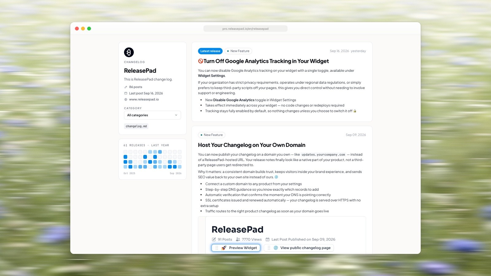 ReleasePad's changelog showing a sidebar with 86 posts and a heatmap of 61 releases in the last year, next to entries dated September 16 and September 9, 2026