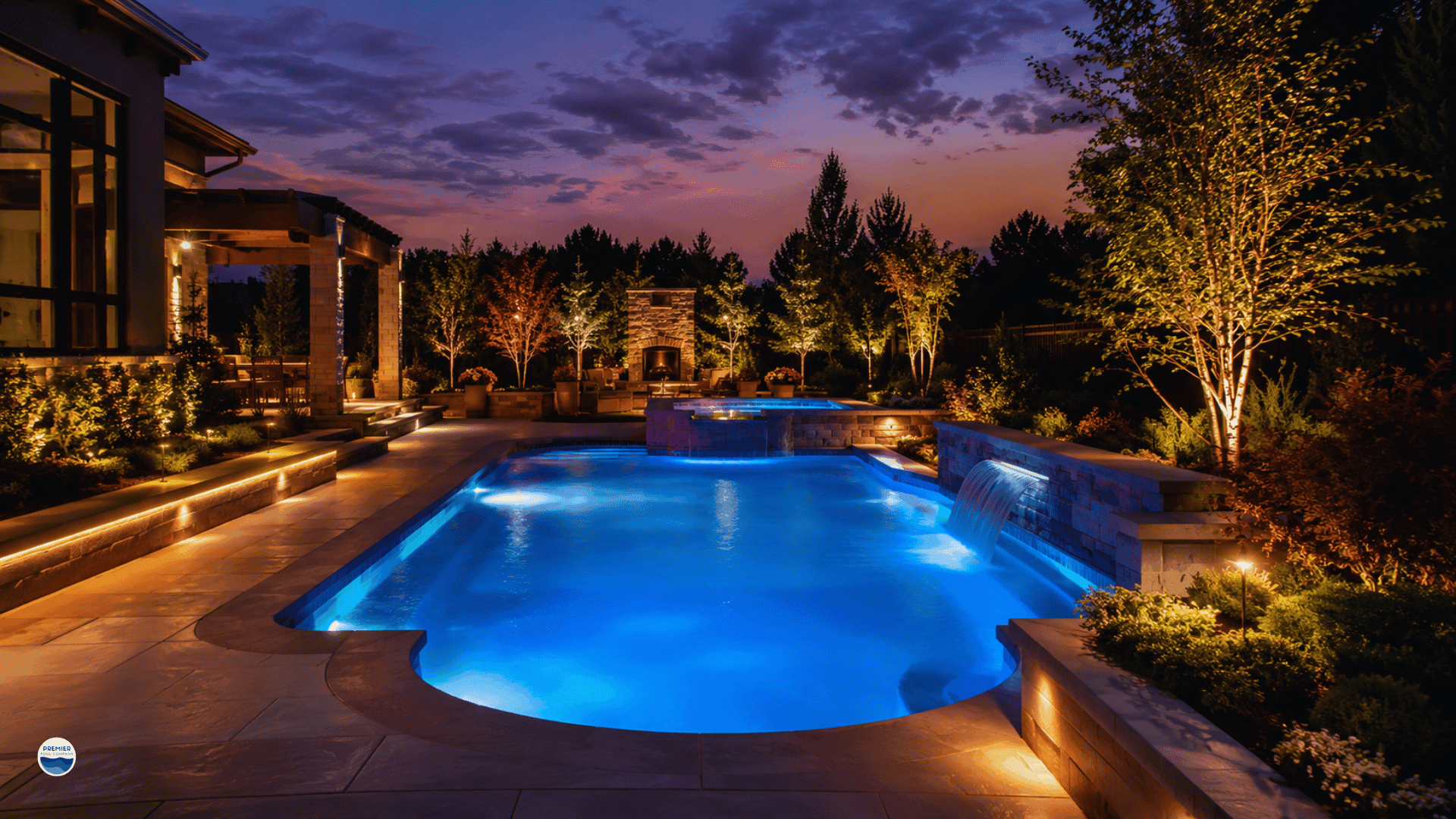 Luxury swimming pool illuminated with LED pool lights and landscape lighting