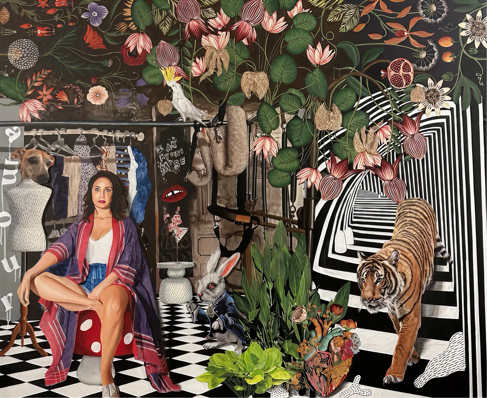 A surreal, collage-style artwork featuring a seated woman in a colorful robe on a red mushroom stool, surrounded by fantastical elements: a rabbit in a waistcoat, a tiger walking through a black-and-white optical illusion tunnel, a mannequin with a dog's head, lush plants, floating flowers, a cockatoo, and a stylized anatomical heart. The floor is checkered, and the scene blends domestic, jungle, and dreamlike themes.