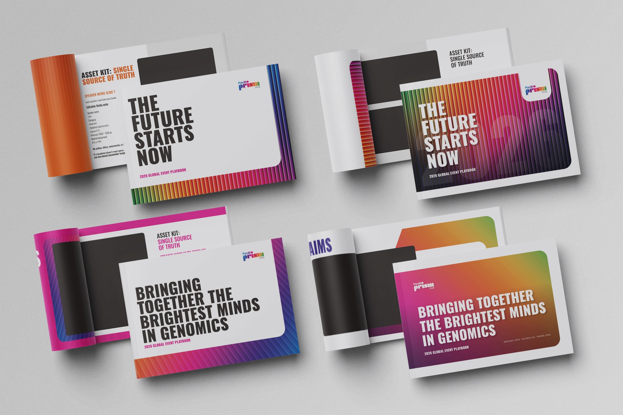 Establishing the Playbook’s voice. Exploring four spectrum-driven cover and spread directions for the PRISM Global Event Playbook.