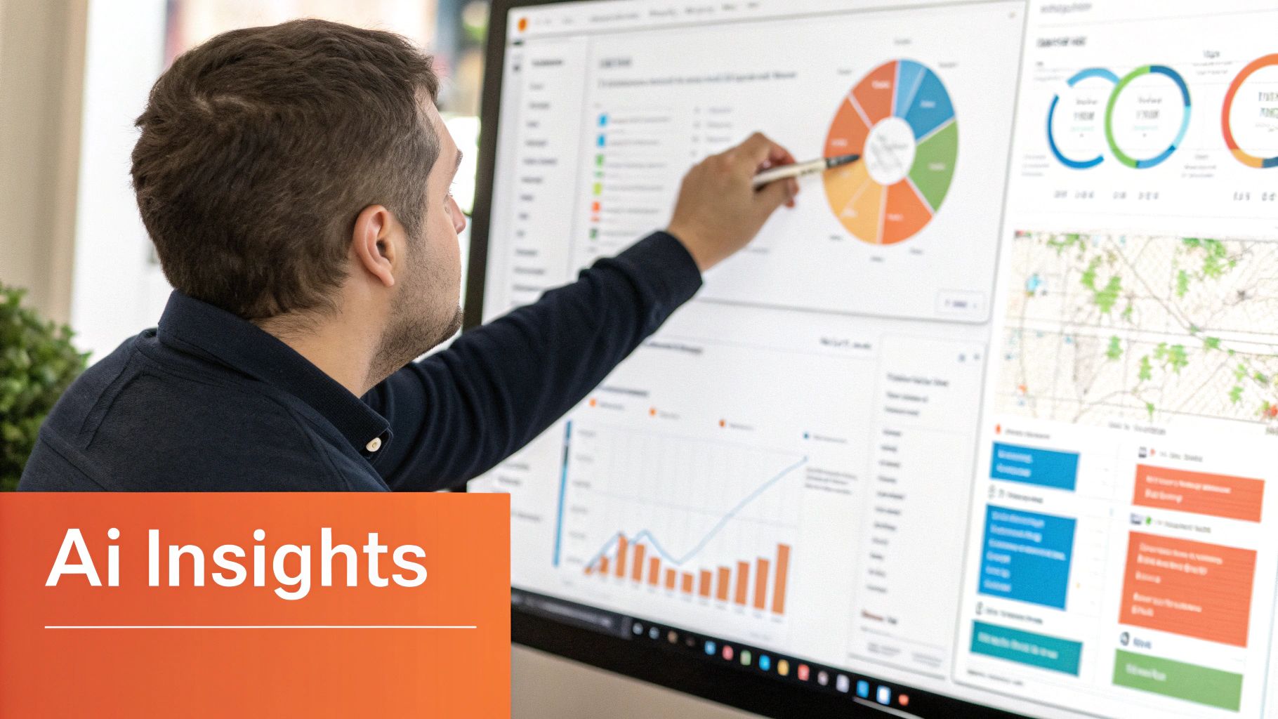 A man pointing at a computer screen displaying AI insights and various data analytics dashboards.
