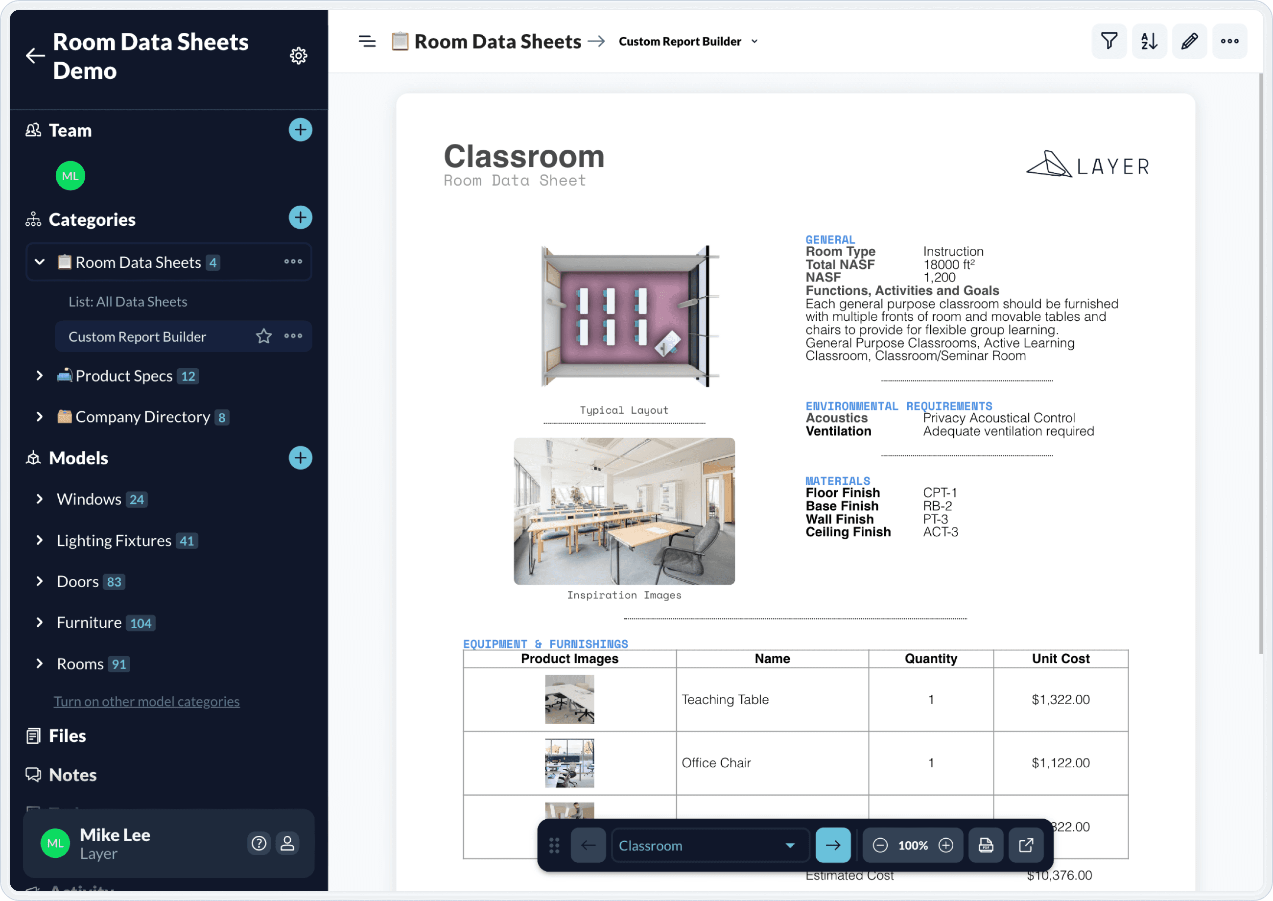 room data sheet report view