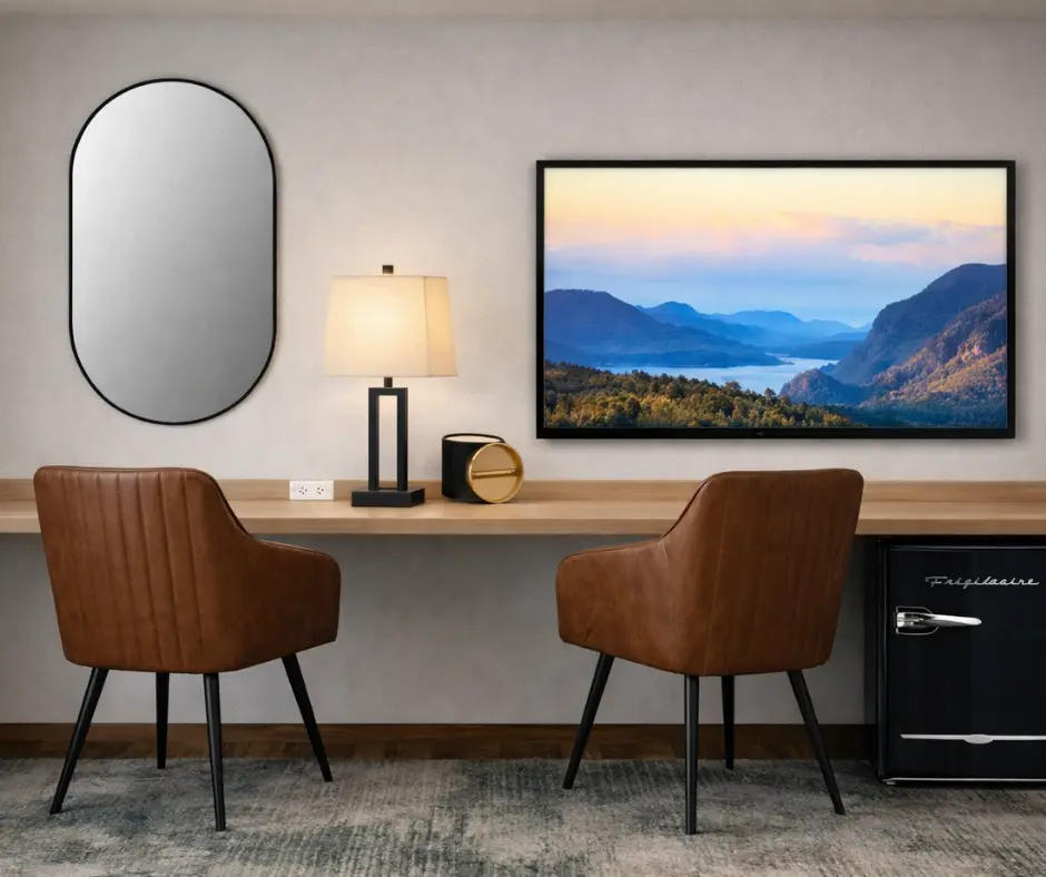 A modern workspace featuring a desk, two chairs, a lamp, a wall mirror, and a large screen displaying a scenic view.
