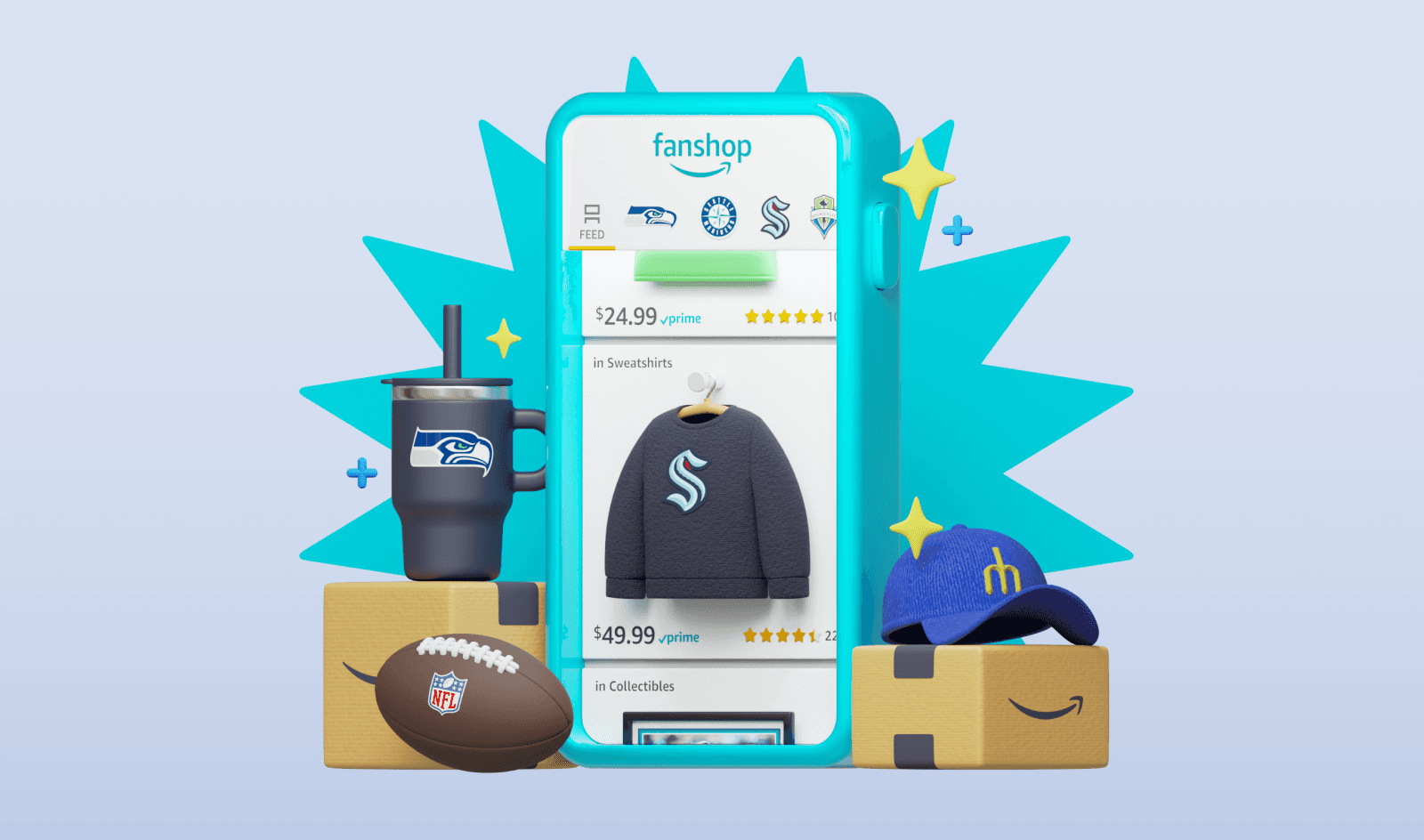 A stylized, 3D image of Fanshop mobile.