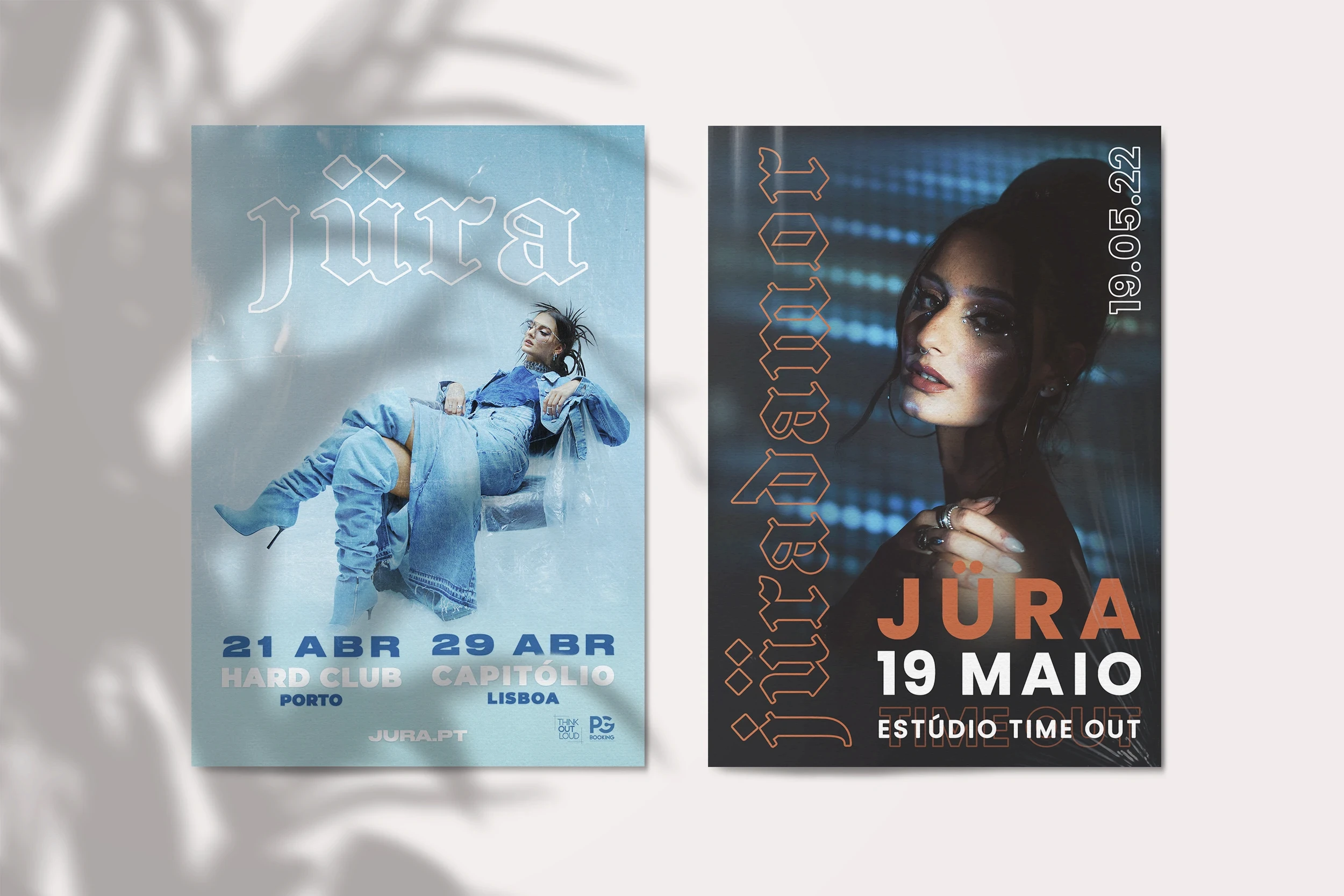 Promotional concert posters for Jura live shows featuring editorial photography and modern typographic layout.