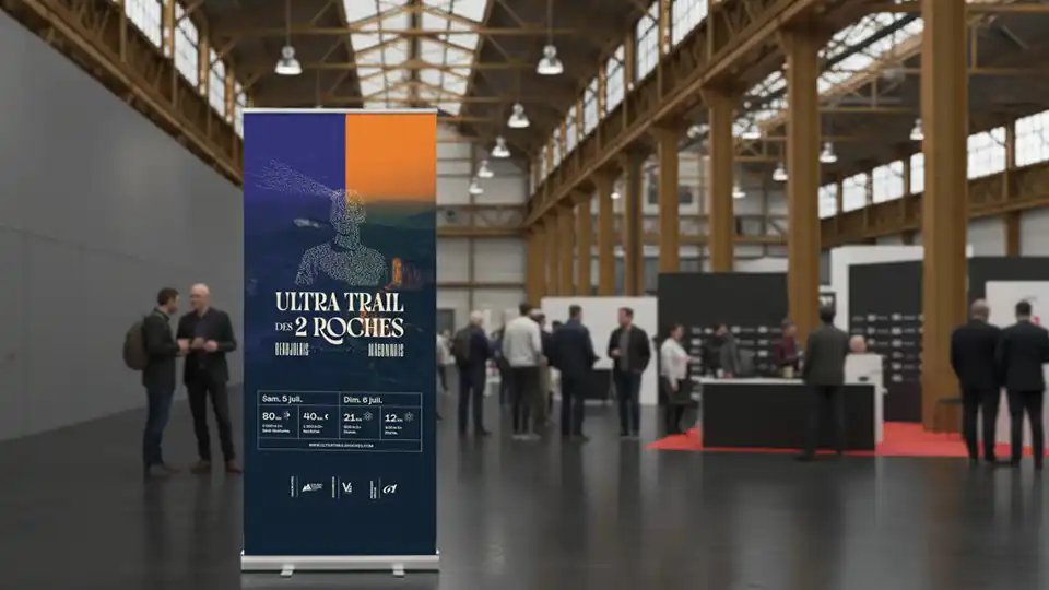 Kakémono pour la communication de l'Ultra Trail des 2 Roches, posée dans la halle Tony Garnier.
