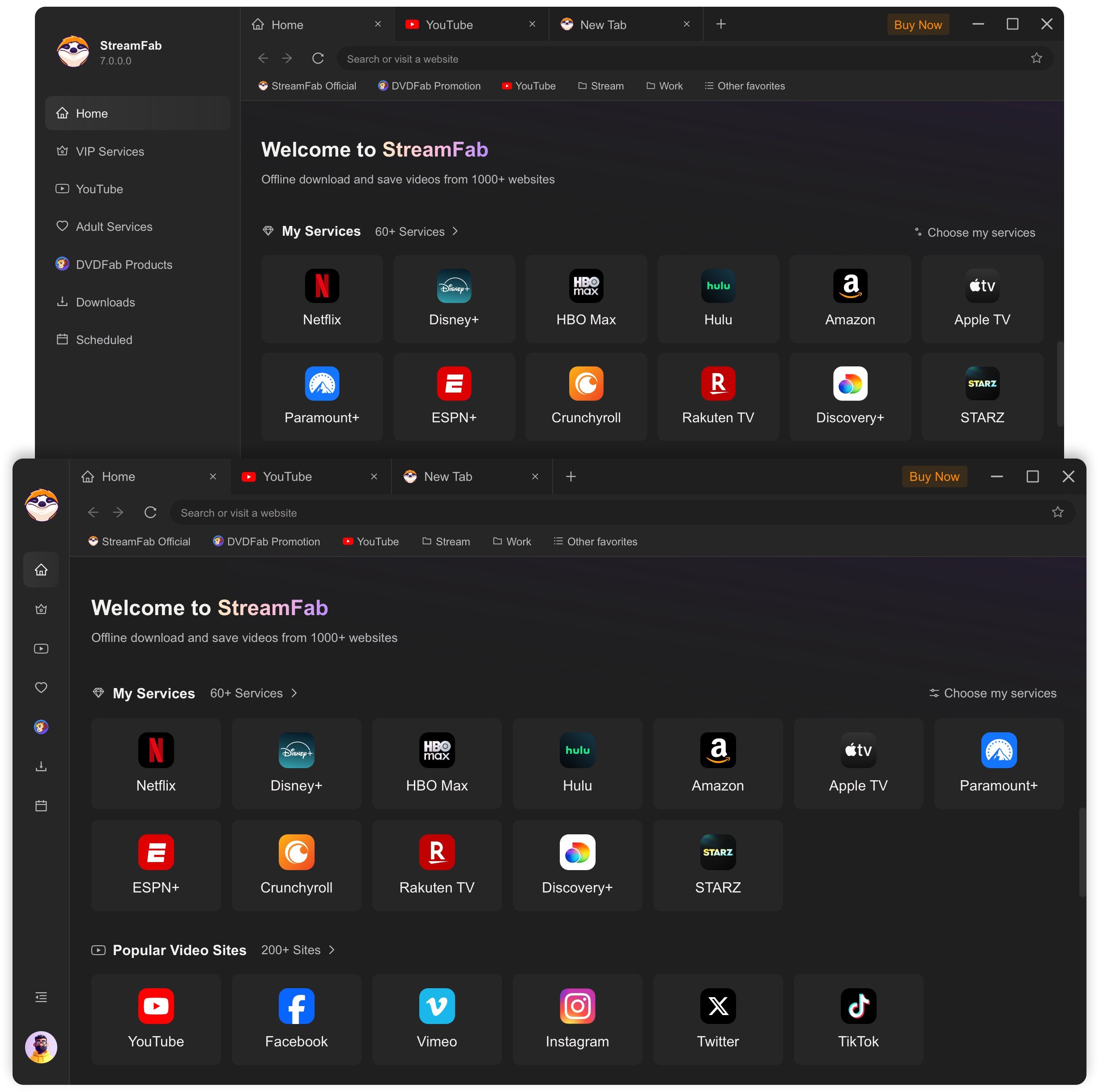 StreamFab 侧栏展开与收起状态合并对比：展开态显示完整导航，收起态仅保留图标并扩大内容区域。