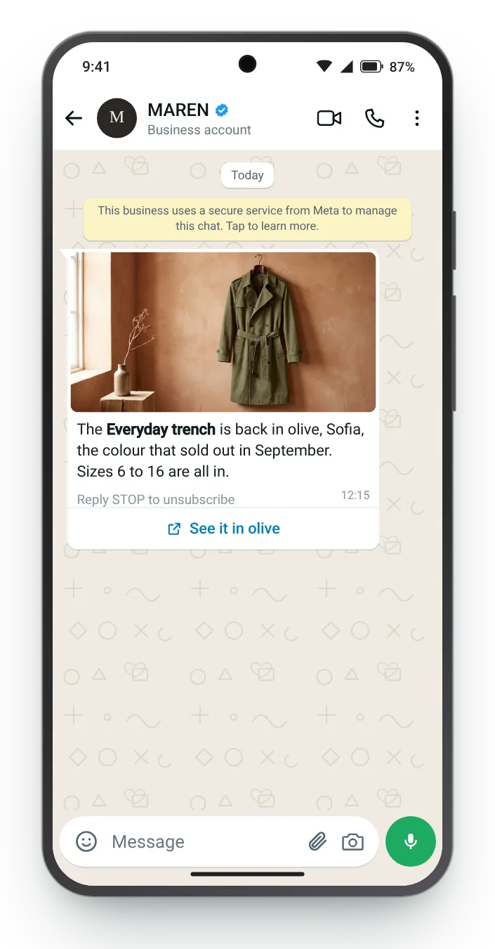 A sold-out colour comes back: WhatsApp restock alert on an Android phone
