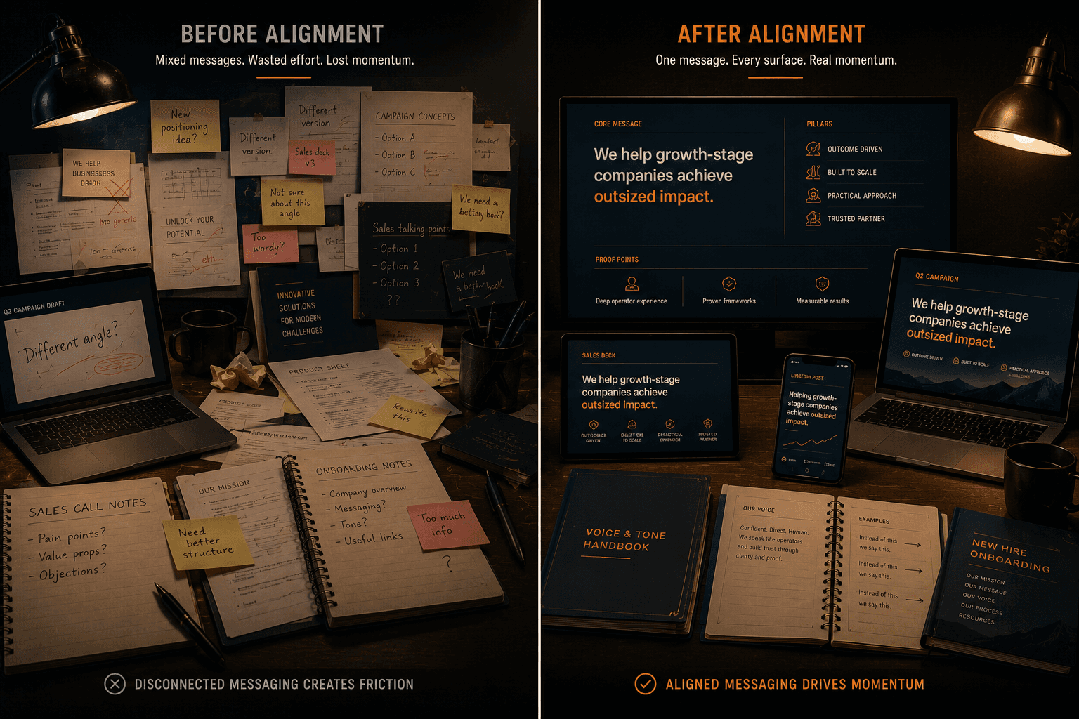 a split comparison image showing the changes after talkerstein consulting's messaging and voice improvements