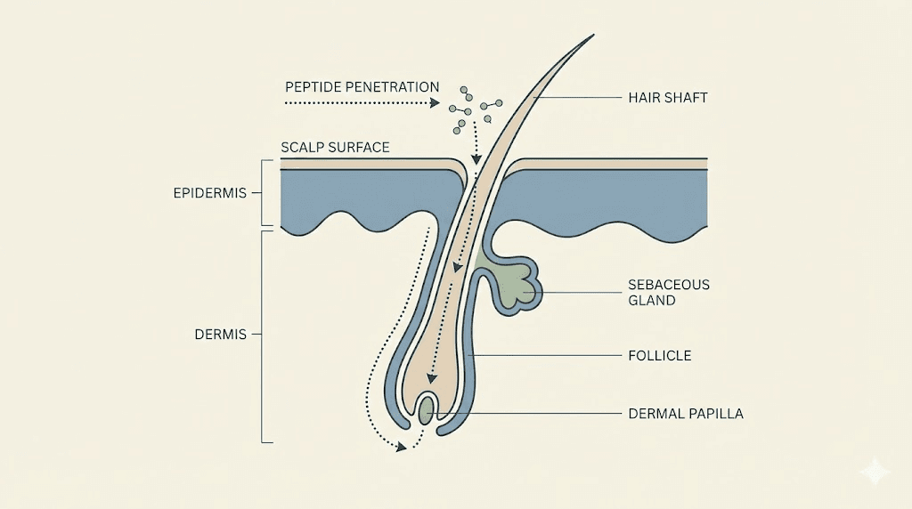 Peptide shampoo penetration into hair follicle diagram