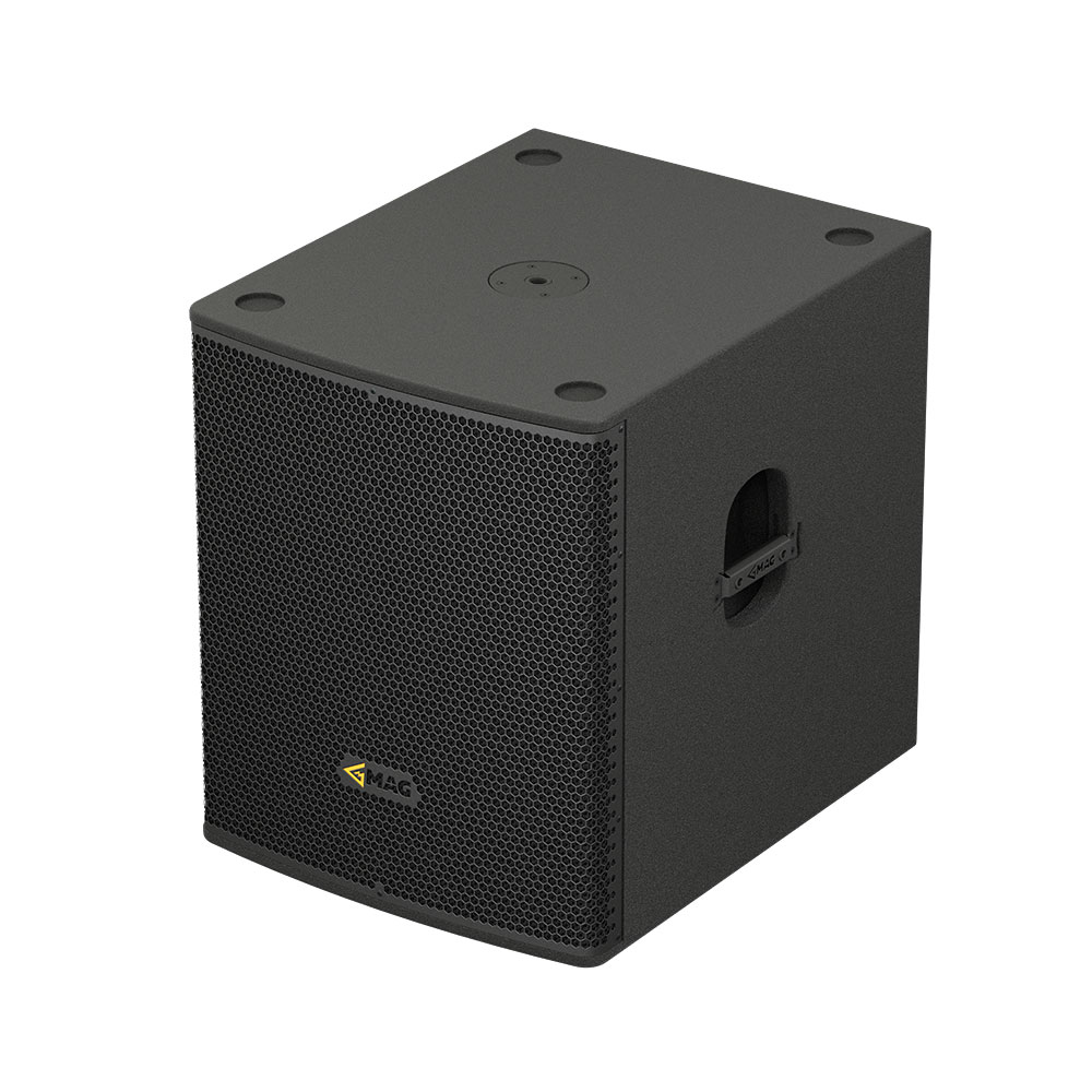 Black MAG subwoofer speaker with mesh grille.
