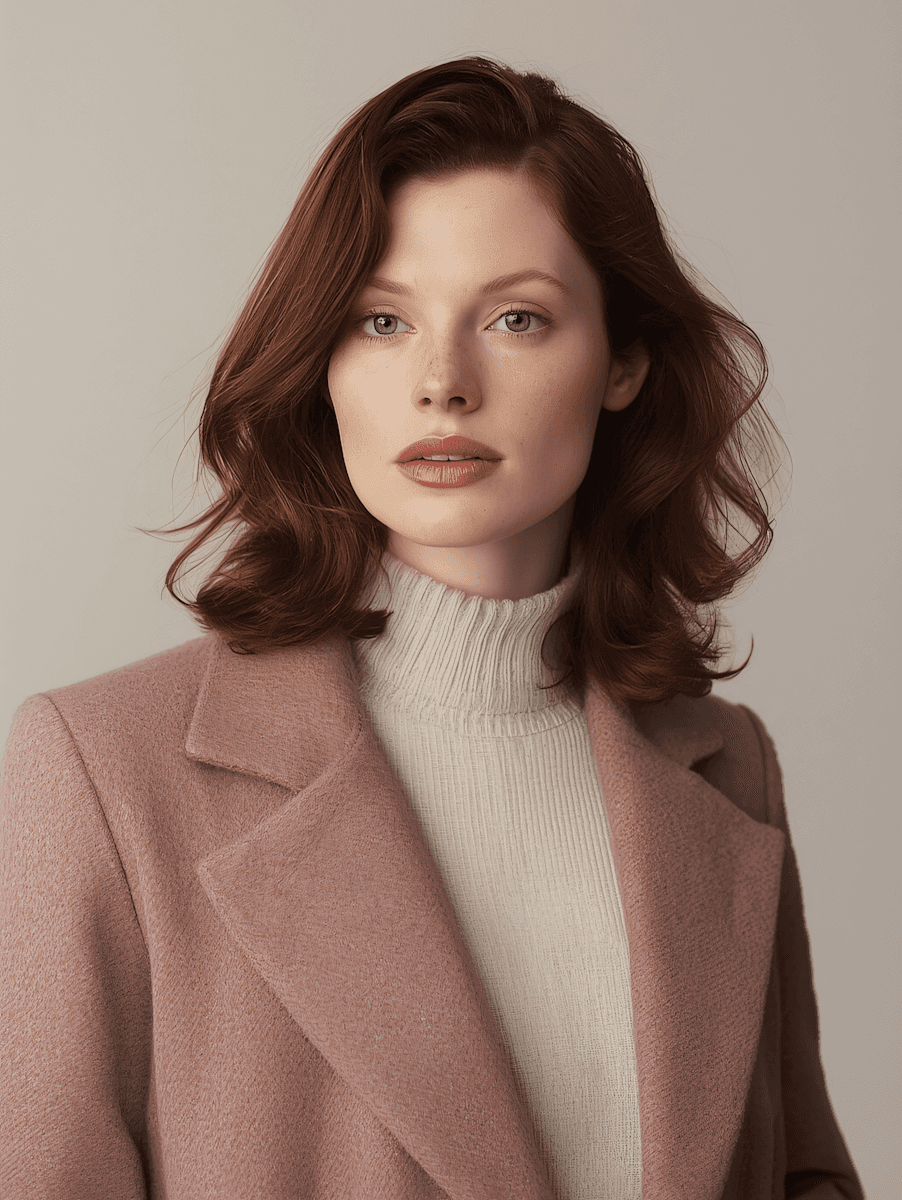 A person with wavy auburn hair wearing a soft pink coat and cream turtleneck looks directly at the camera against a neutral background. 