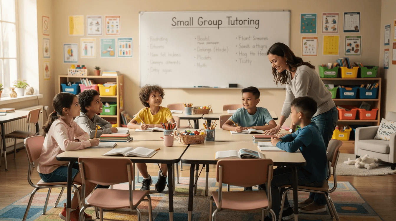 The image depicts a welcoming classroom designed for small group tutoring sessions, featuring tables arranged to facilitate interaction among multiple students. This environment is ideal for a tutoring business, providing a comfortable space for personalized learning and focused lessons.