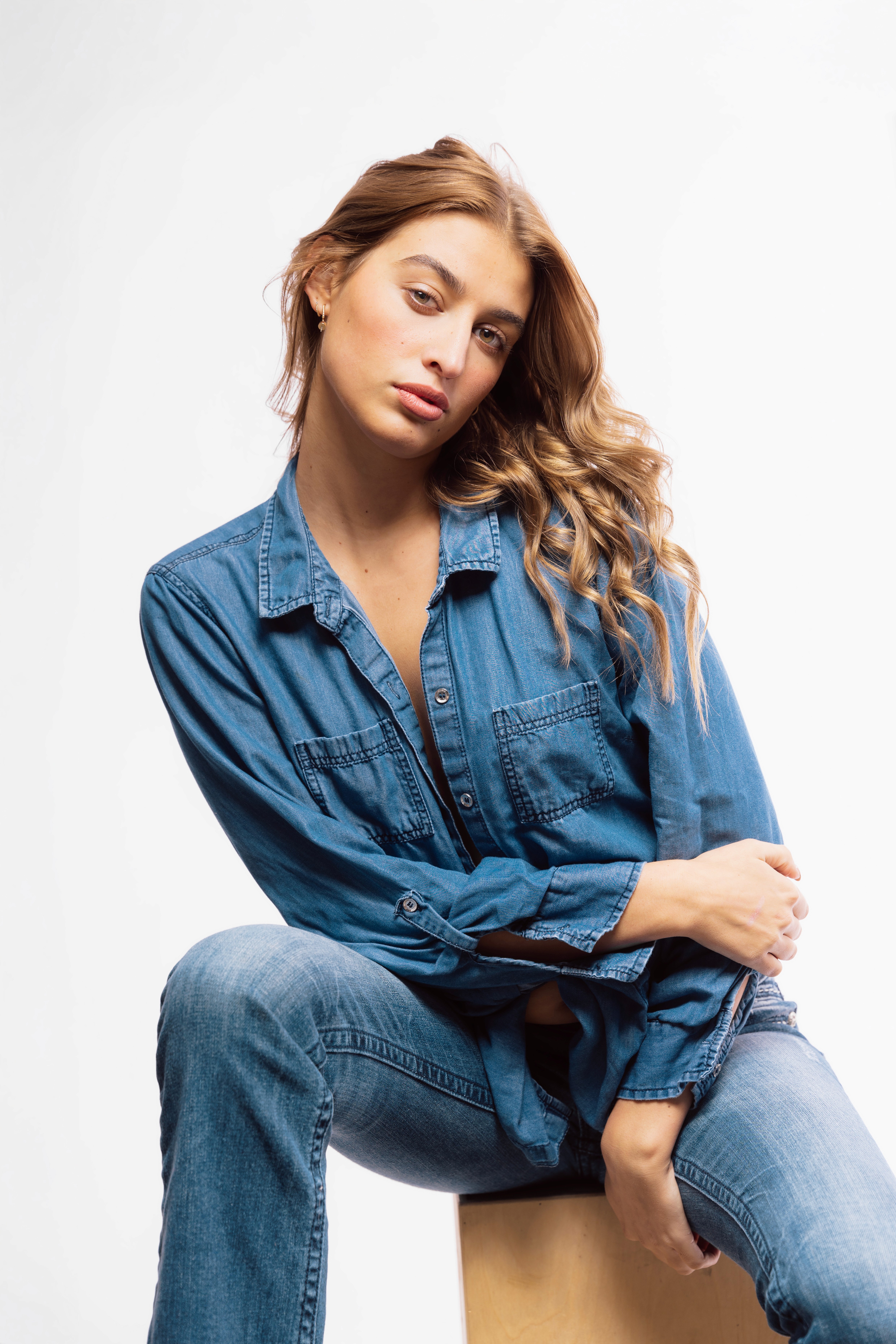 female fashion model in denim shirt