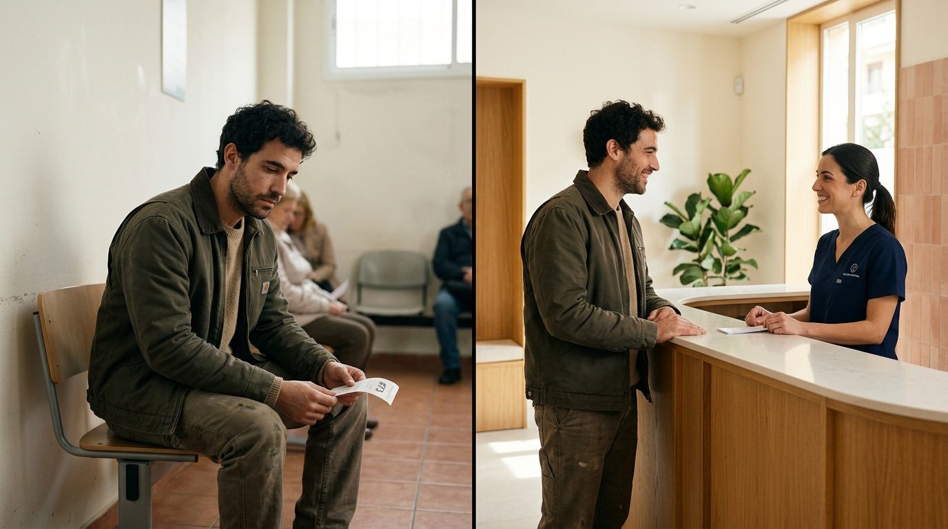 Hombre con barba esperando en una sala y luego sonriendo feliz en recepción médica.