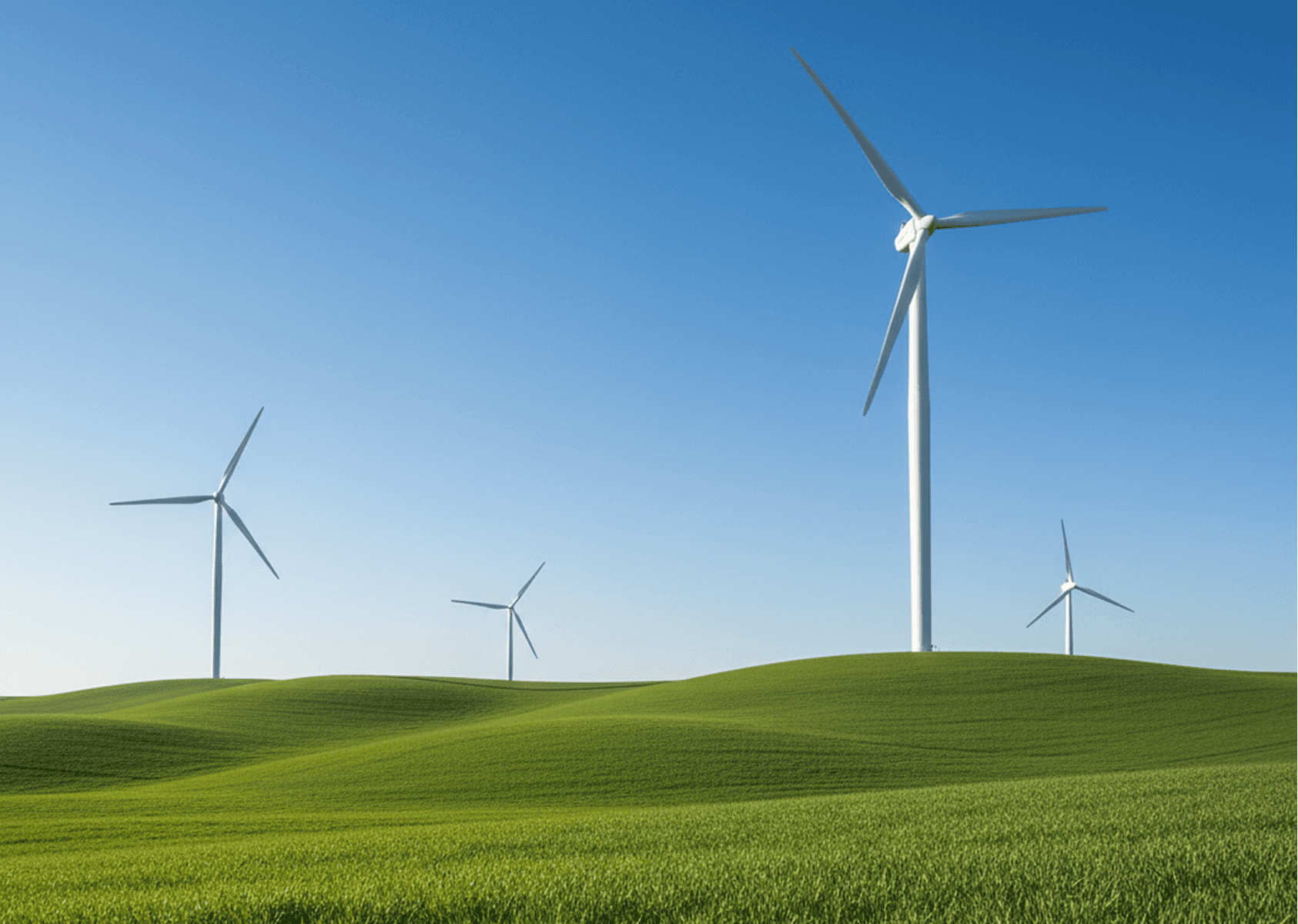 Large white wind turbines on rolling green hills.