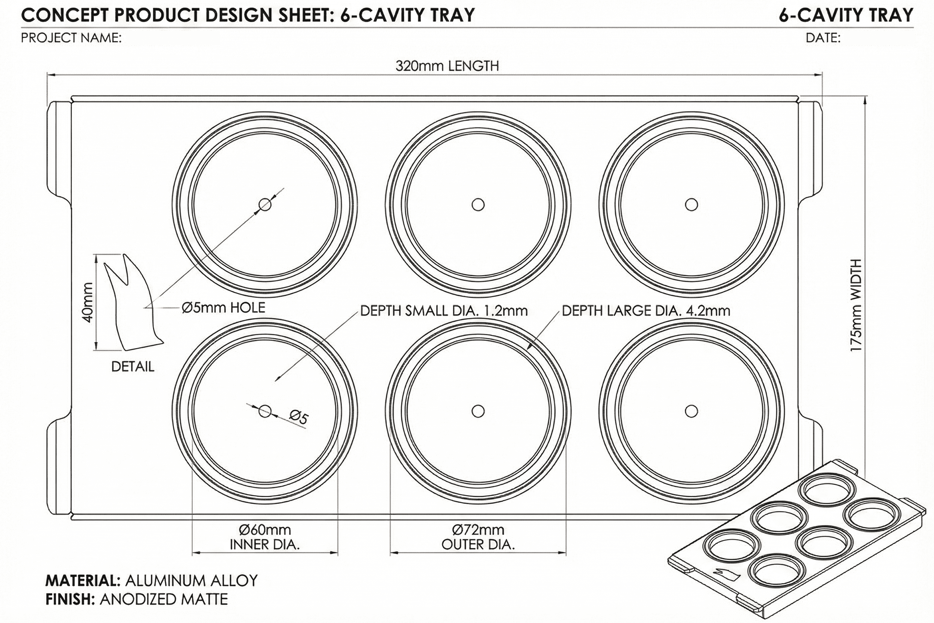 6-cavity tray technical drawing with dimensions.