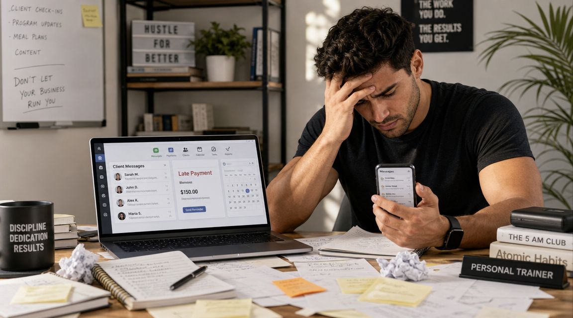 A stressed personal trainer looking at a smartphone while working at a cluttered desk with a laptop.