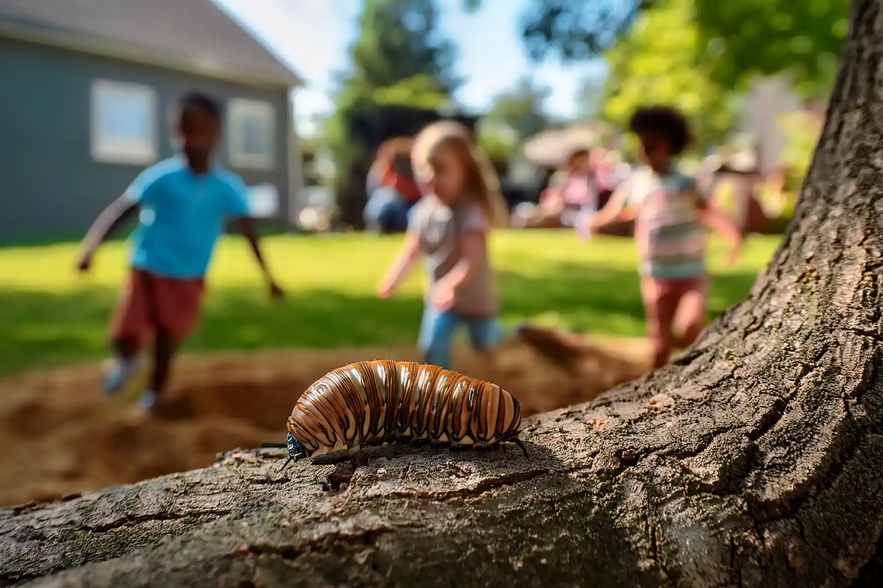 Image of a grub crawling along a tree root in the back yard of a suburban St. Louis home