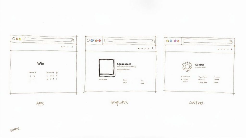 Hand-drawn sketches comparing Wix (Apps), Squarespace (Templates), and WordPress (Control) website builder interfaces.