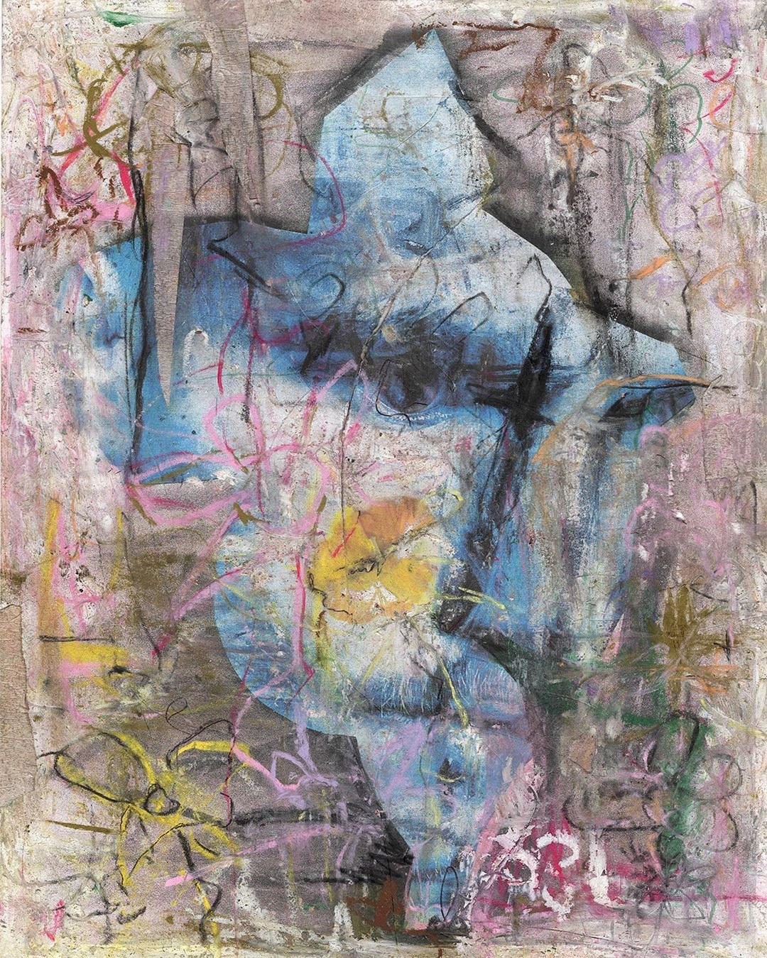 An abstract mixed media painting filled with expressive flower-like shapes and scribbled outlines. The artwork features bold strokes of red, blue, black, and yellow layered on a textured background, evoking a raw, instinctive energy reminiscent of street art or outsider expressionism.