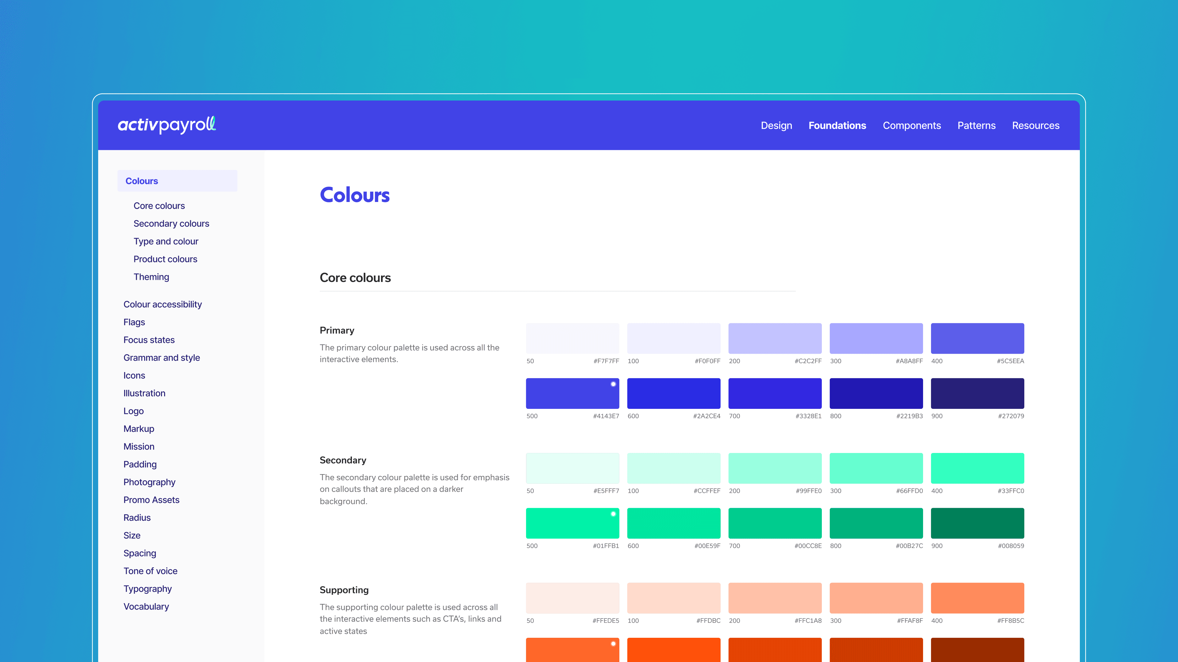 Screenshot of ActivPayroll design system page showing core, secondary, and supporting colour palettes, including hex values and visual swatches.
