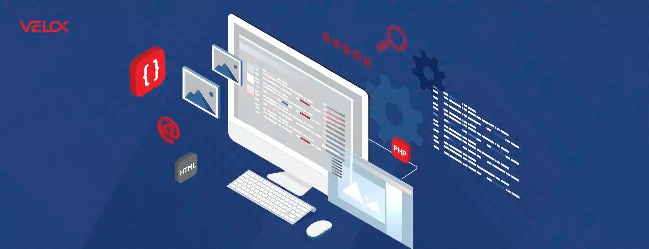 A blue graphic showing various marketing icons and a computer screen