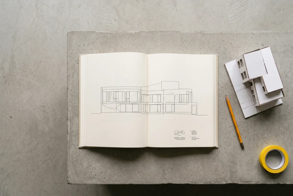 Sketchbook with an architectural line drawing beside a white card model