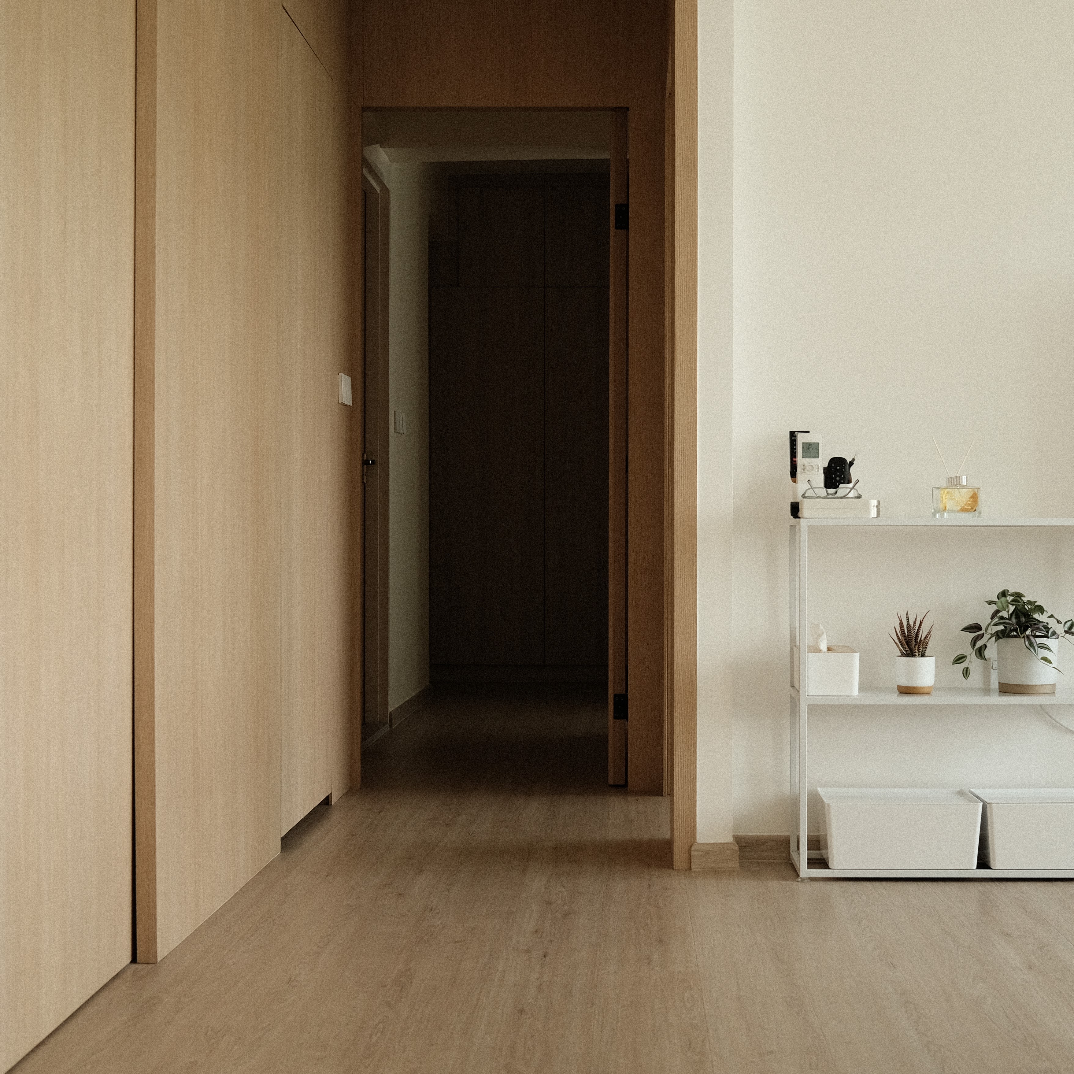 Modern corridor with concealed storage and seamless wooden panels, functional interior design Singapore