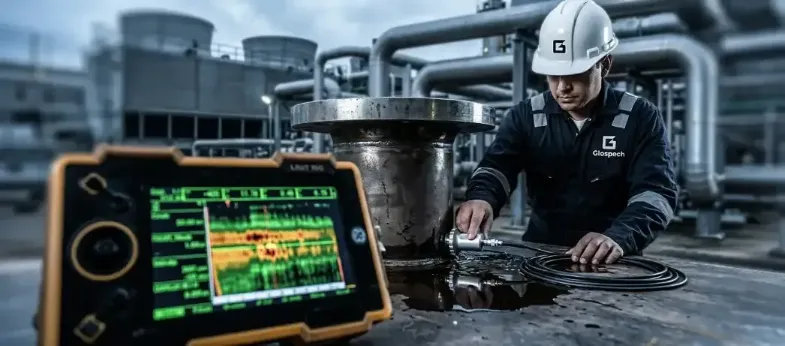 Glospech technician performing phased array ultrasonic testing on pressure vessel nozzle weld with PAUT S-scan display, industrial plant Gauteng