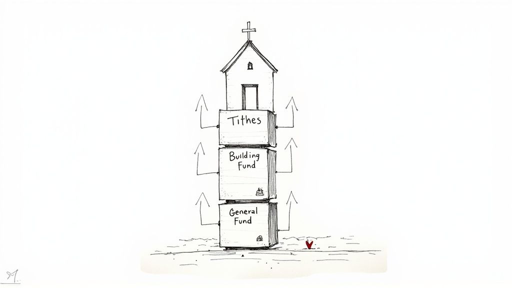 A diagram illustrates a church building supported by stacked boxes representing Tithes, Building, and General Funds.