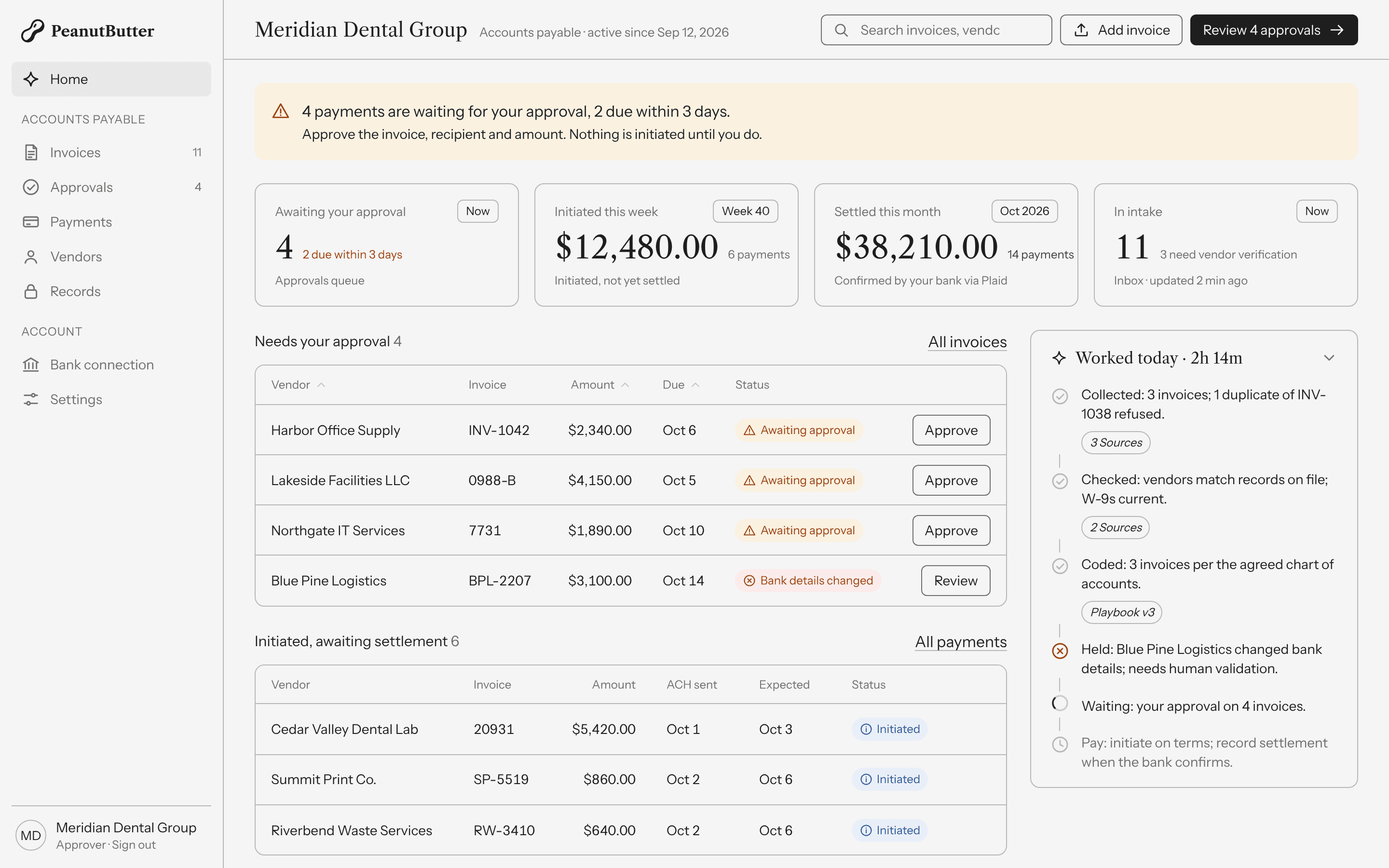 Illustrative PeanutButter Console home screen with sample approvals, payments and work log; not a live account