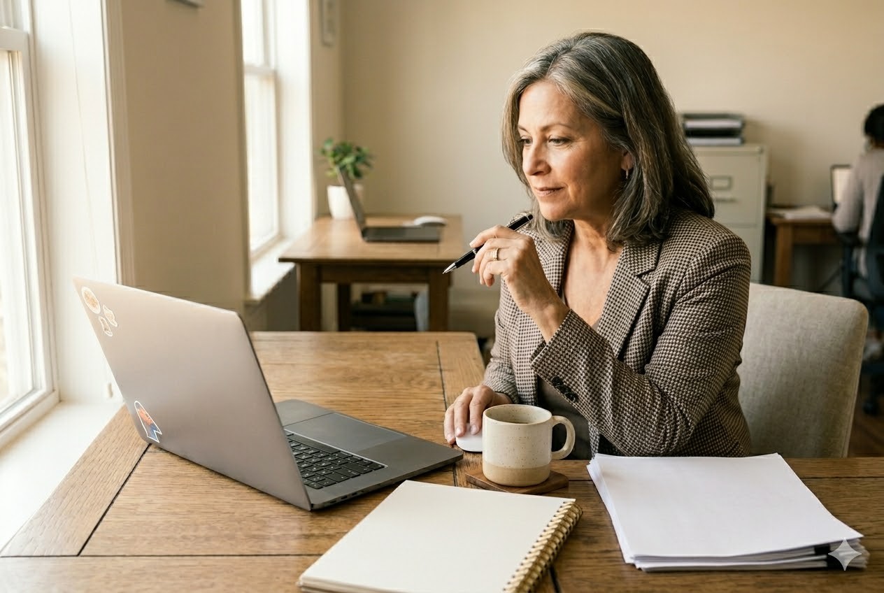 A home care coordinator, a woman in her 50s, sitting at a laptop reviewing a draft email on screen. She holds a pen and looks thoughtful but relaxed, as if checking work rather than creating it from scratch. A printed care plan sits beside the keyboard. Bright, professional office environment with soft natural light. Shot on Fujifilm X-T4, aspect ratio 3:2.