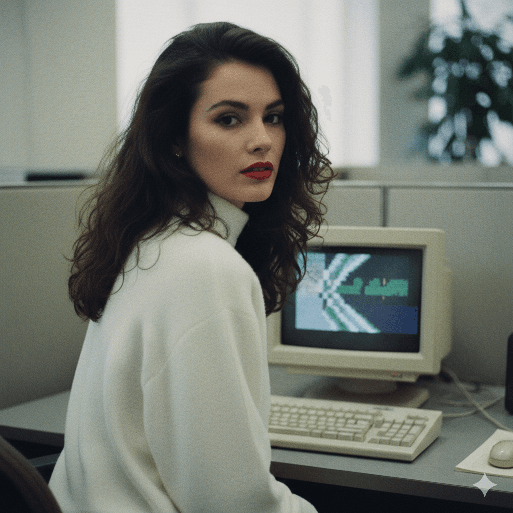 Woman in white sweater sitting before a vintage desktop computer.