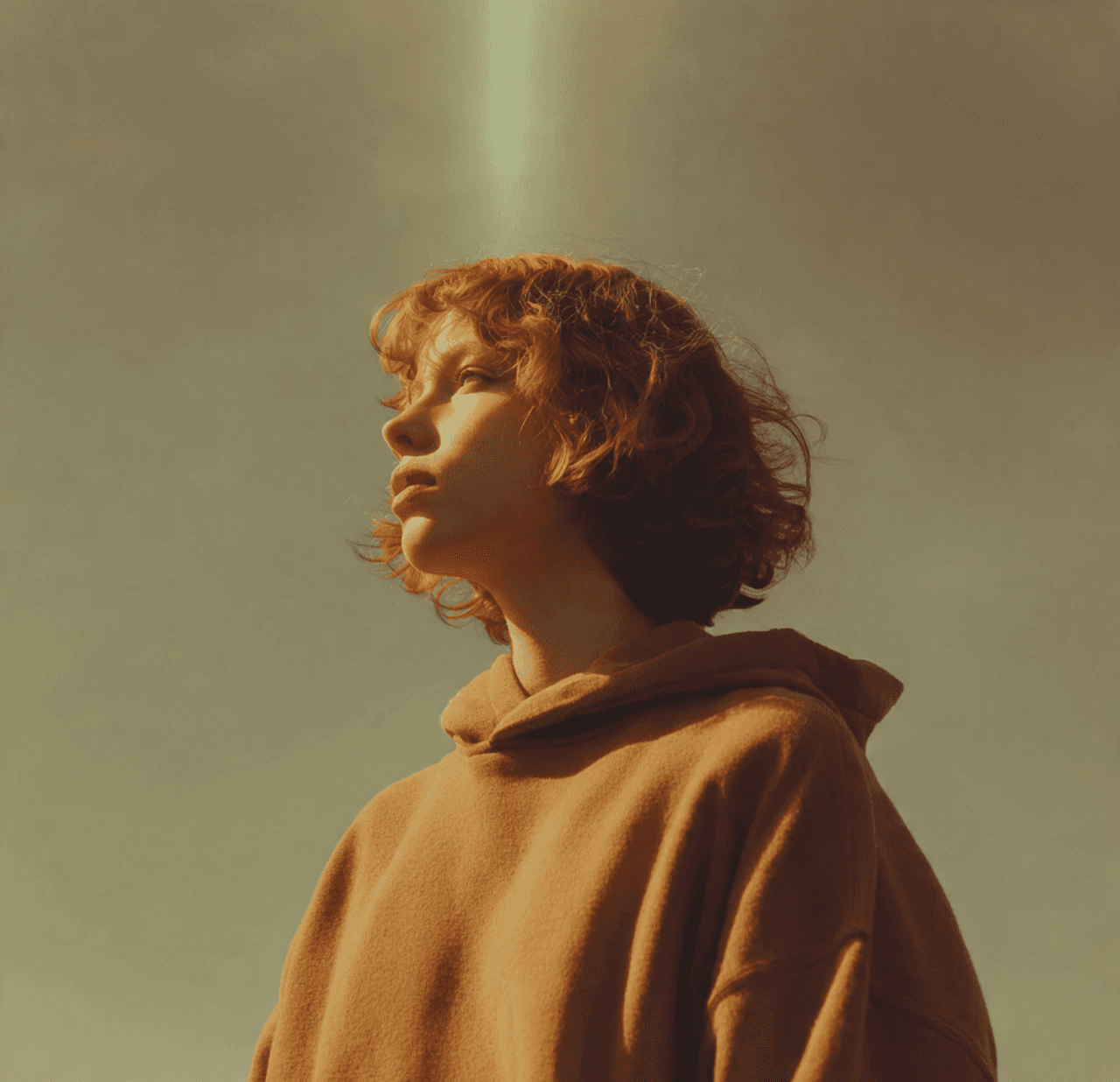 Profile of a young person with curly hair in a hoodie looking up at a bright sky beam.