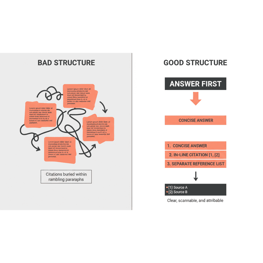 Comparison of ineffective versus effective content structure for earning LLM citations