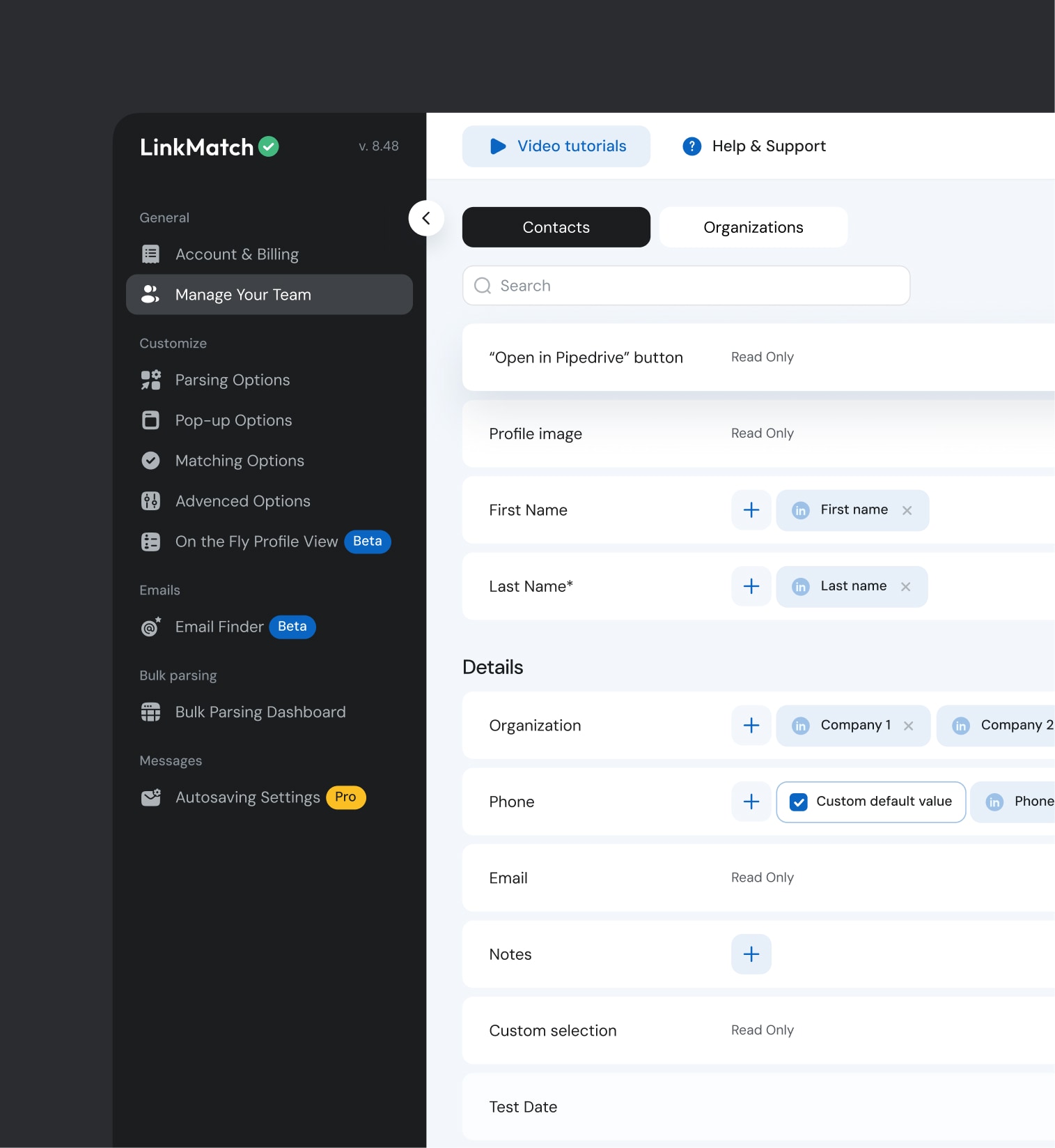 LinkMatch dashboard showing contact management settings, profile fields, and customization options