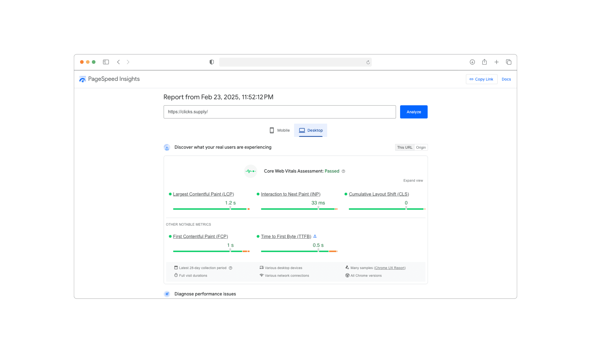 Core Web Vitals report for a website built in Framer