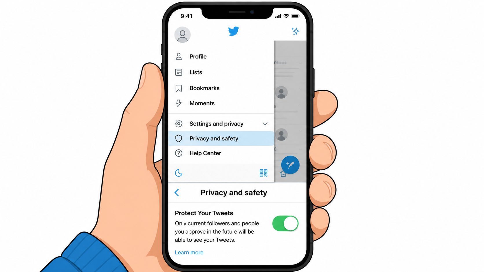 A hand holding a smartphone displaying the Twitter app settings menu with Privacy and Safety highlighted.