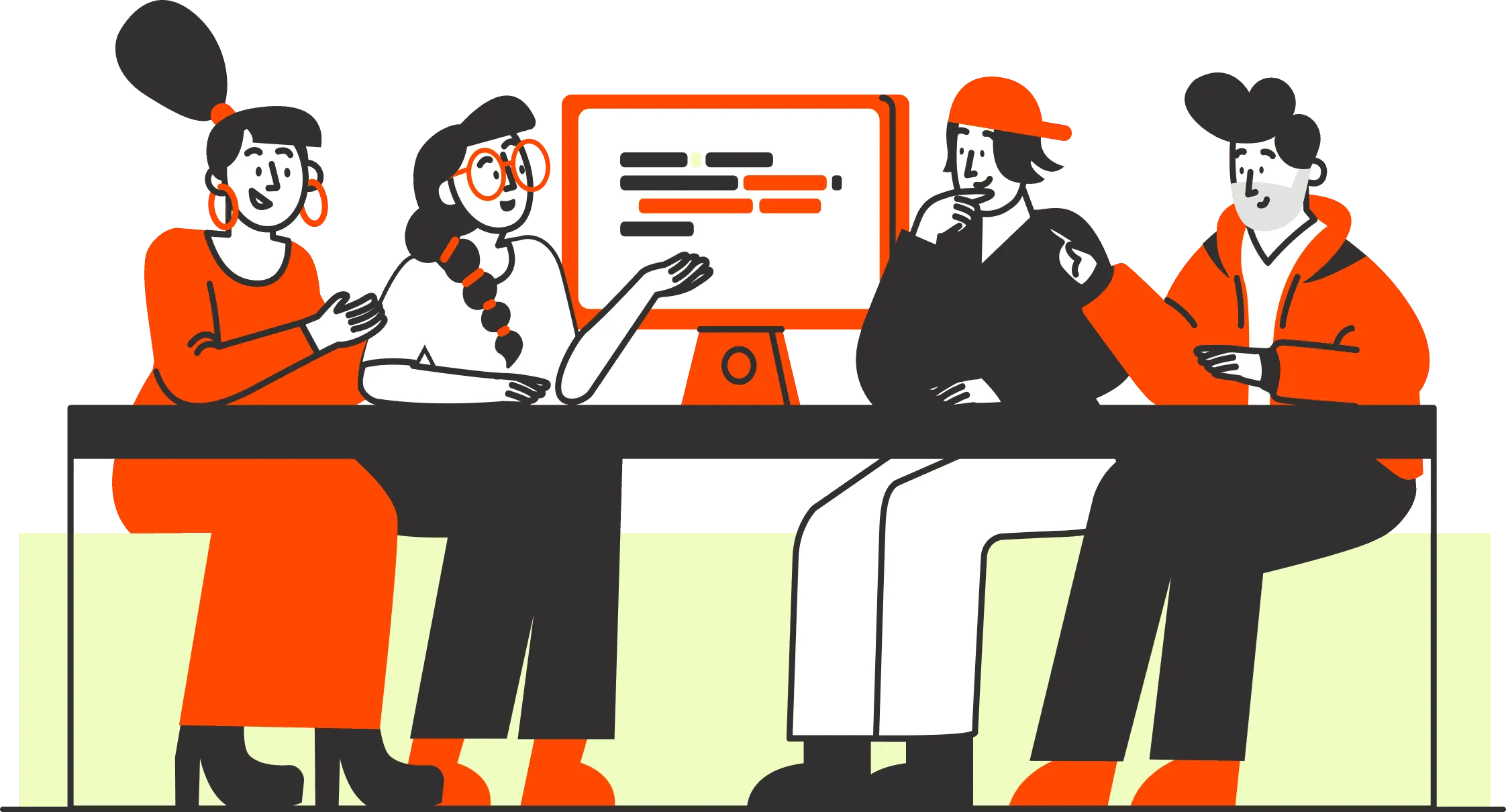 Illustration of four people engaged in a discussion around a table, with a computer screen