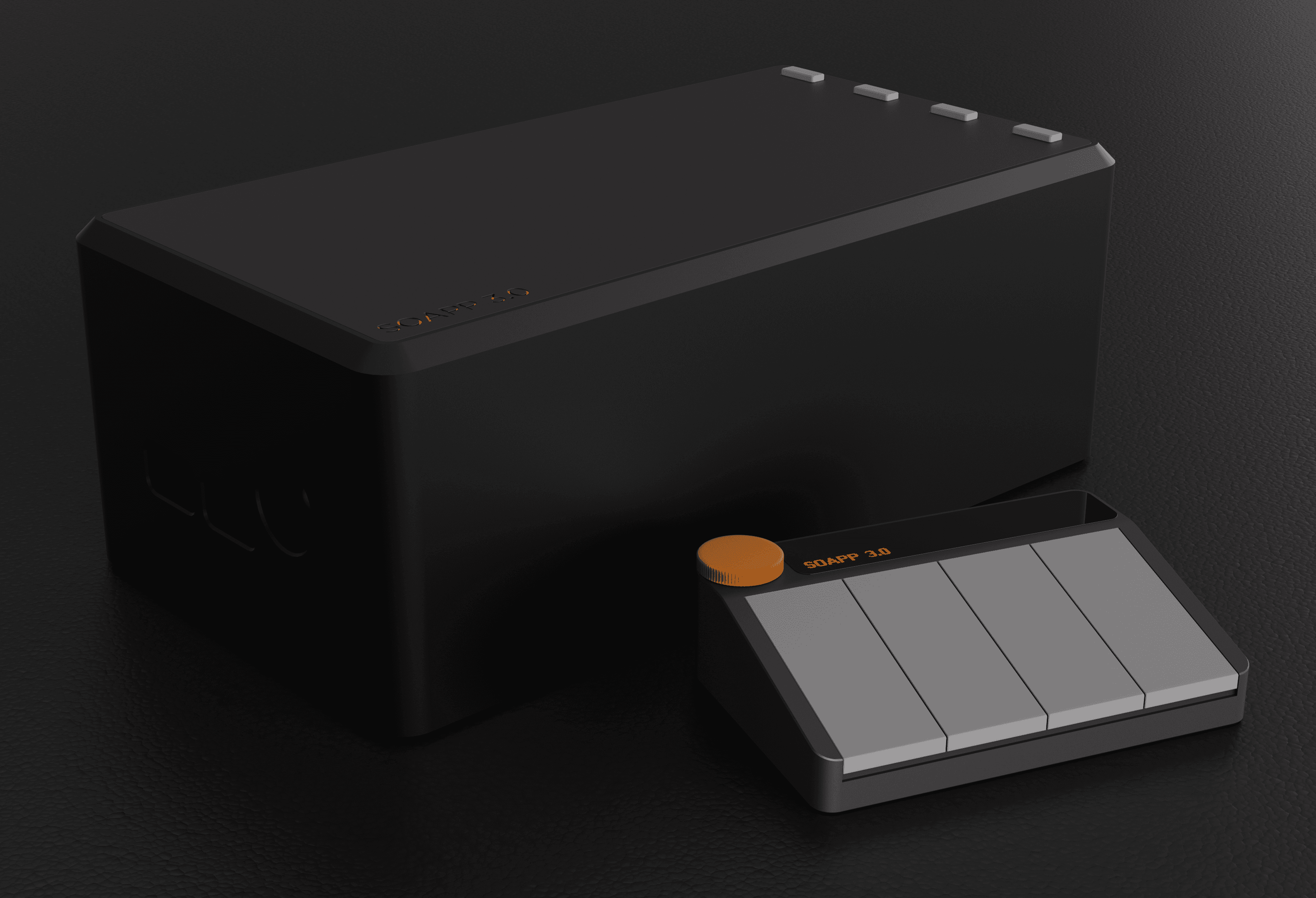 Dynamic shot of the Riff MIDI Link control device and its connection unit, both featuring the text “SOAPP 3.0”, set against a black background, with a matte white finish on the small device and a dark matte plastic finish on the control station.