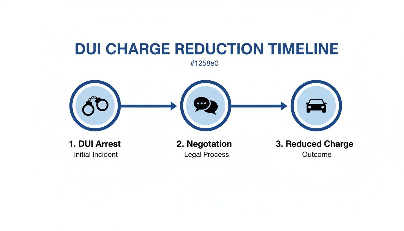 Timeline showing DUI charge reduction process: DUI arrest, negotiation, and a reduced charge outcome.