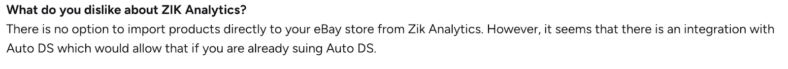User complaints about ZIK Analytics including no direct eBay product import